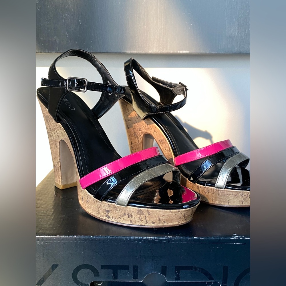 Black and Pink Strappy Platform Heels